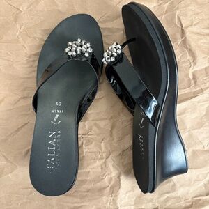Italian Shoemakers Black Wedge Sandals with Rhinestone Embellishment Size 8.5